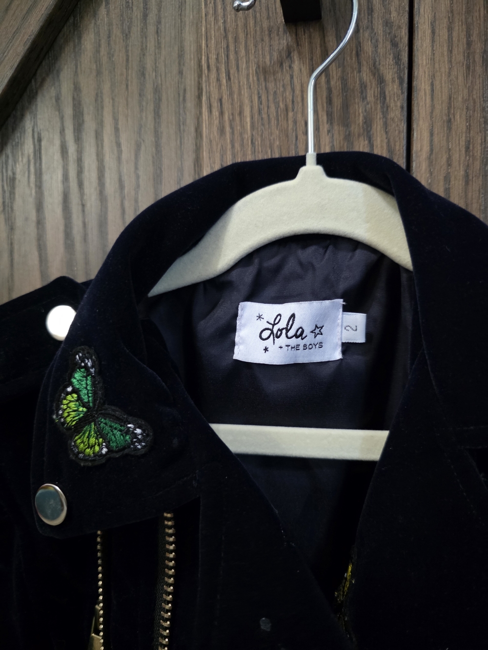 Lola + The Boys Navy Velvet Moto Jacket with Multicolor Butterfly Patches - Picture 3 of 5
